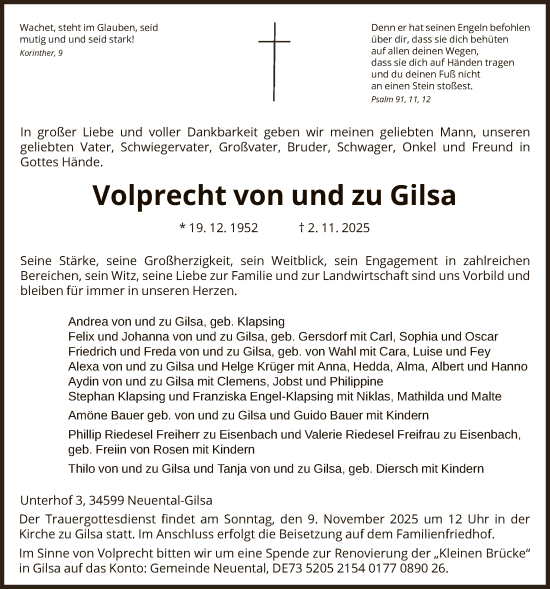 Traueranzeige von Volprecht von und zu Gilsa von HNAHNAHNAHNAWLZHNA