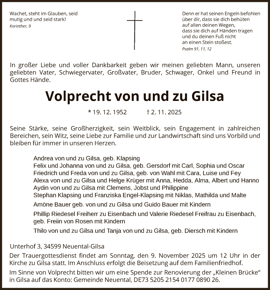  Traueranzeige für Volprecht von und zu Gilsa vom 06.11.2025 aus HNAHNAHNAHNAWLZHNA