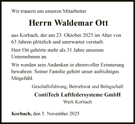 Traueranzeige von Waldemar Ott von WLZ