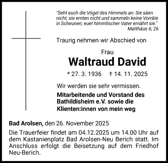 Traueranzeige von Waltraud David von WLZ