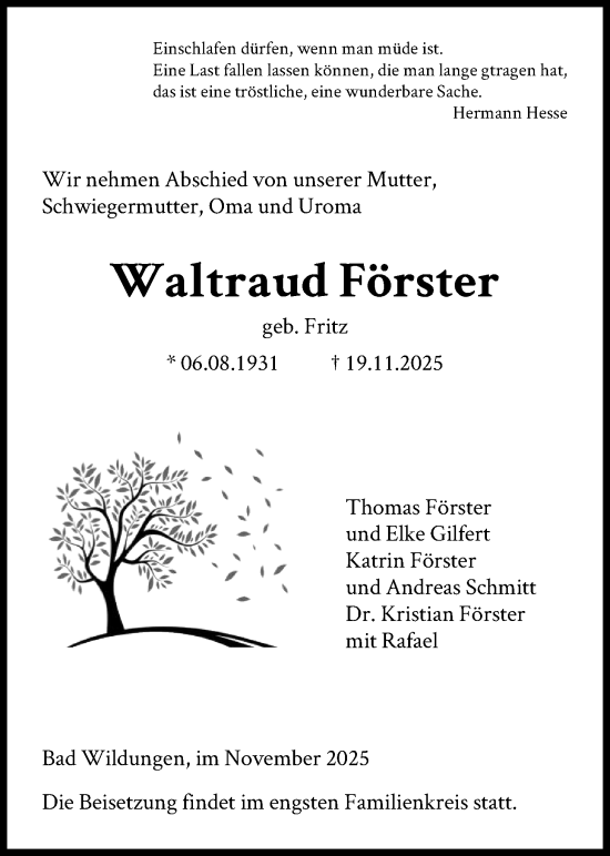Traueranzeige von Waltraud Förster von WLZ