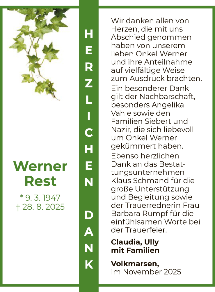  Traueranzeige für Werner Rest vom 08.11.2025 aus WLZ