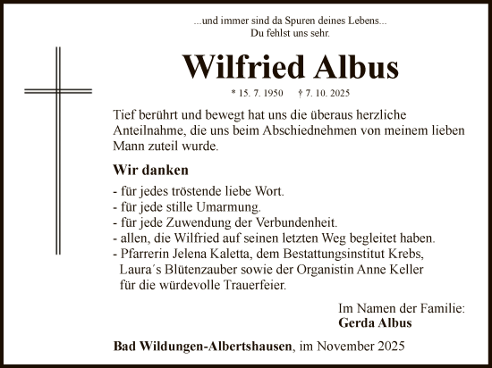 Traueranzeige von Wilfried Albus von WLZ