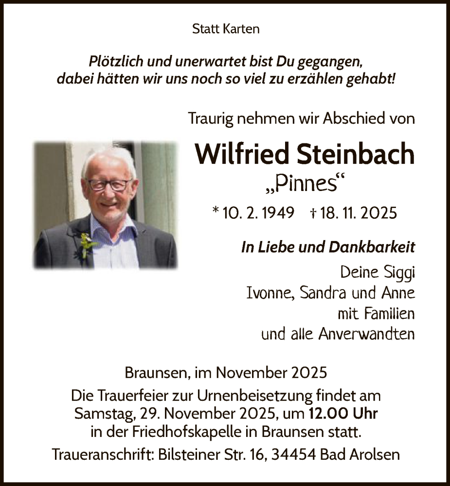  Traueranzeige für Wilfried Steinbach vom 22.11.2025 aus WLZ