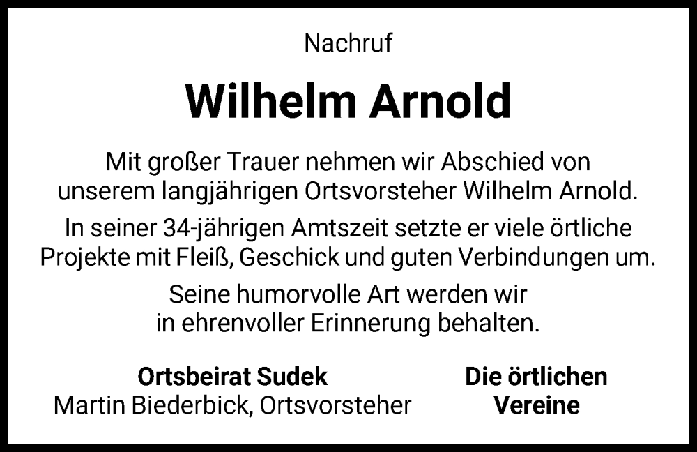  Traueranzeige für Wilhelm Arnold vom 29.11.2025 aus WLZ