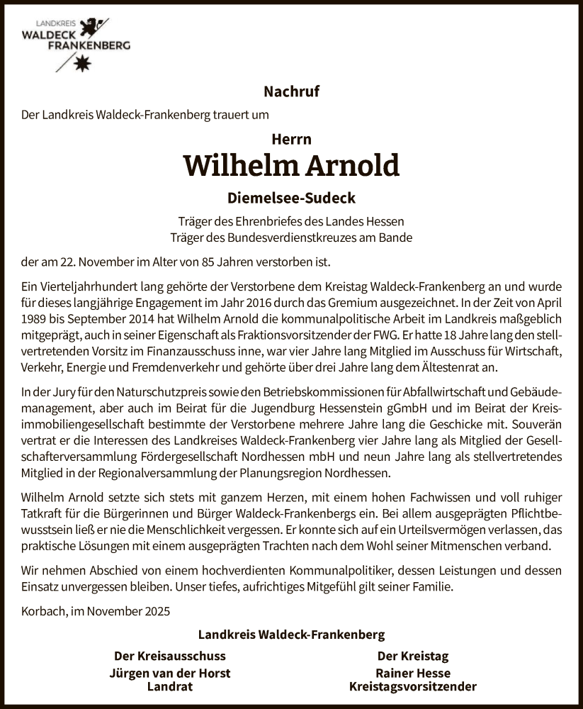  Traueranzeige für Wilhelm Arnold vom 29.11.2025 aus WLZHNA
