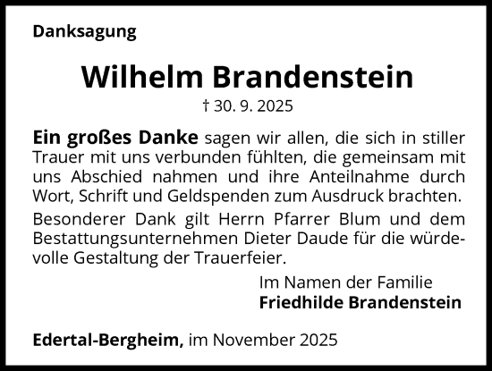 Traueranzeige von Wilhelm Brandenstein von WLZ