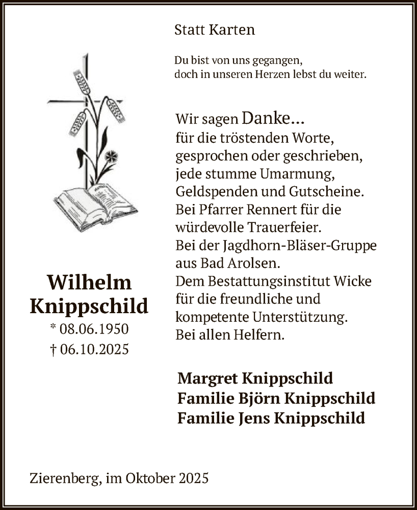  Traueranzeige für Wilhelm Knippschild vom 15.11.2025 aus HNAWLZ