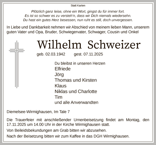 Traueranzeige von Wilhelm Schweizer von WLZ