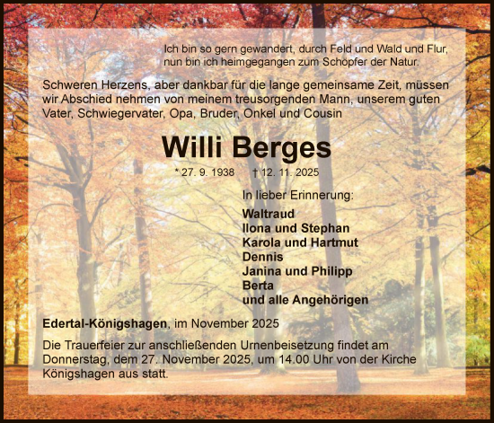 Traueranzeige von Willi Berges von WLZ