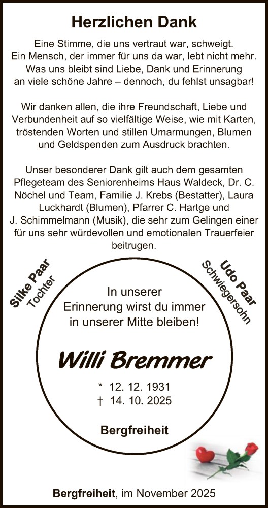 Traueranzeige von Willi Bremmer von WLZ