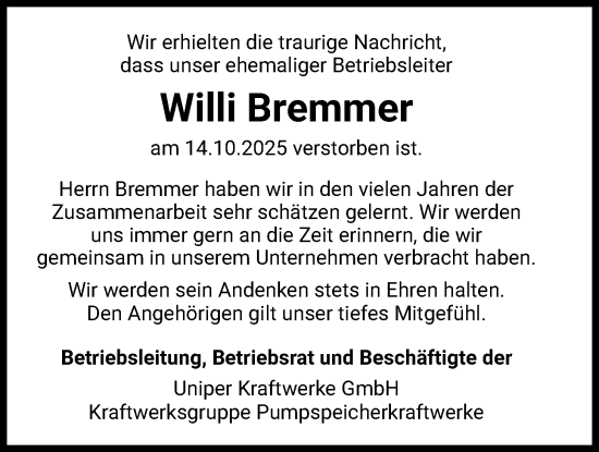 Traueranzeige von Willi Bremmer von WLZ