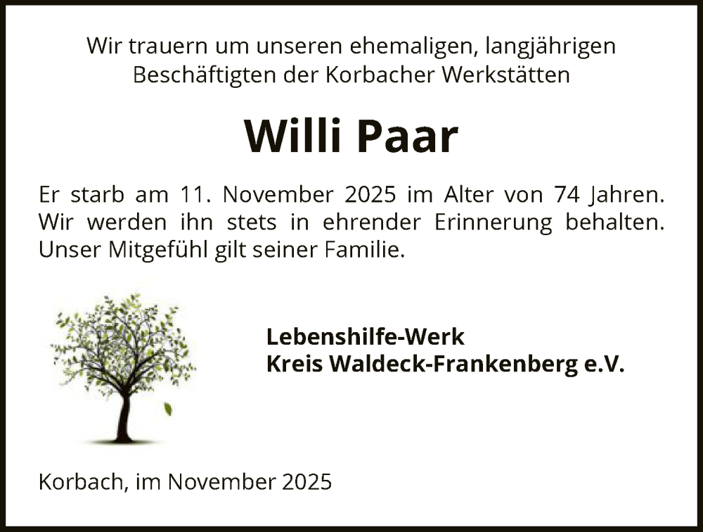  Traueranzeige für Willi Paar vom 28.11.2025 aus WLZ