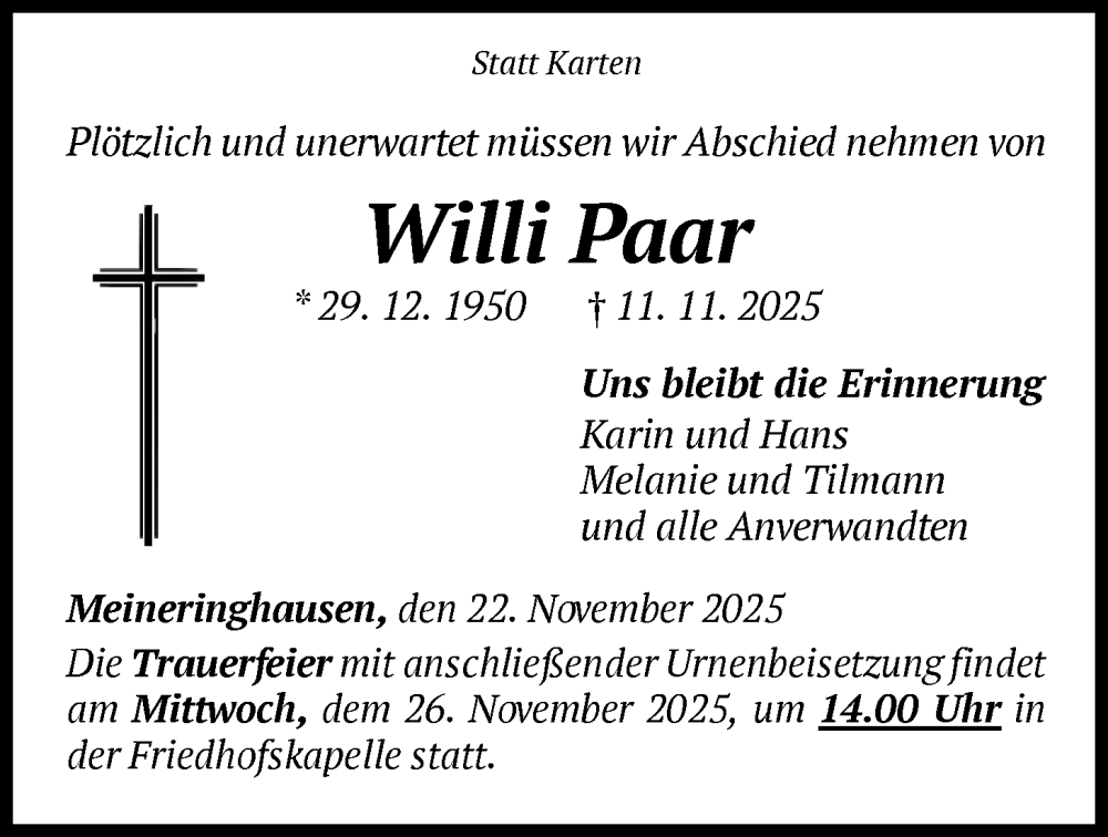 Traueranzeige für Willi Paar vom 22.11.2025 aus WLZ