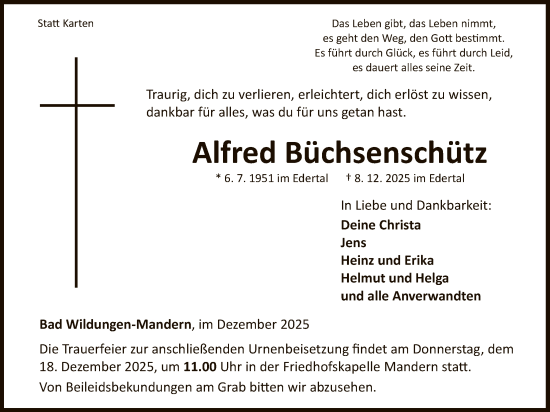 Traueranzeige von Alfred Büchsenschütz von WLZ