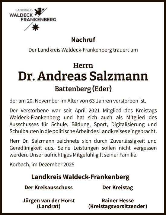 Traueranzeige von Andreas Salzmann von WLZHNA