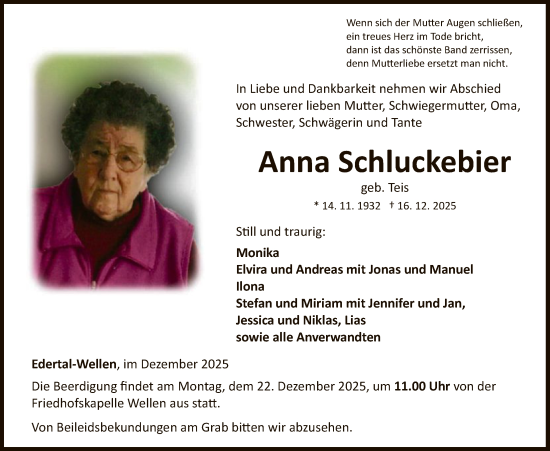 Traueranzeige von Anna Schluckebier von WLZ