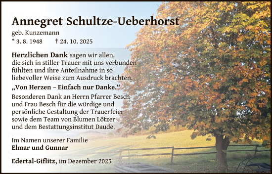 Traueranzeige von Annegret Schultze-Ueberhorst von WLZ