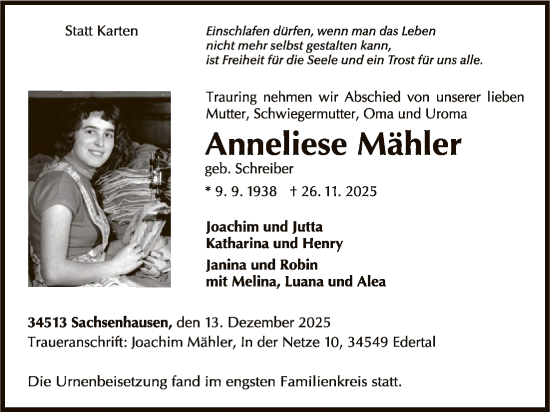 Traueranzeige von Anneliese Mähler von WLZ