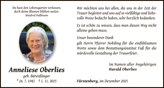 Traueranzeige von Anneliese Oberlies von WLZ