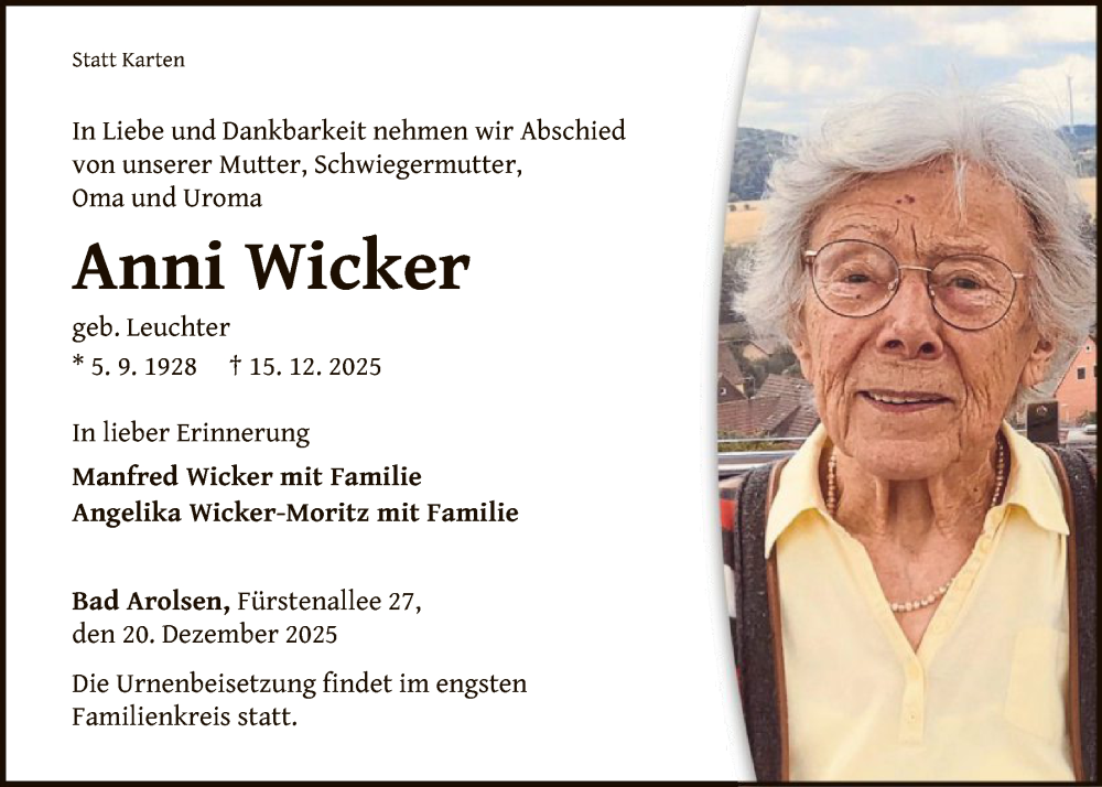  Traueranzeige für Anni Wicker vom 20.12.2025 aus WLZ