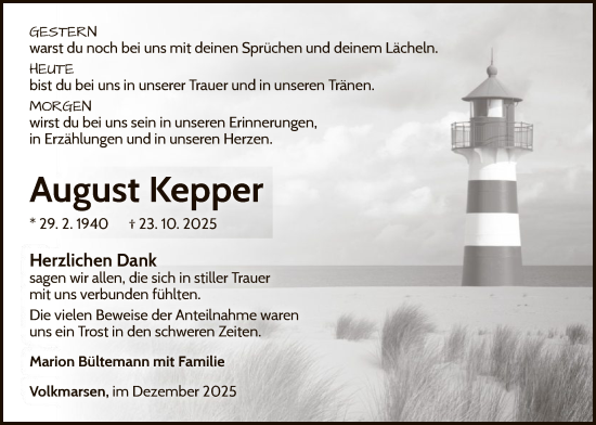 Traueranzeige von August Kepper von WLZ