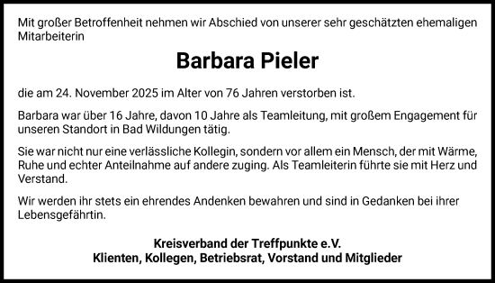 Traueranzeige von Barbara Pieler von WLZ