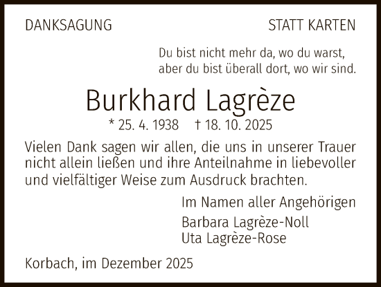 Traueranzeige von Burkhard Lagreze von WLZ