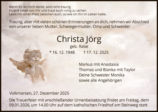 Traueranzeige von Christa Jörg von WLZ