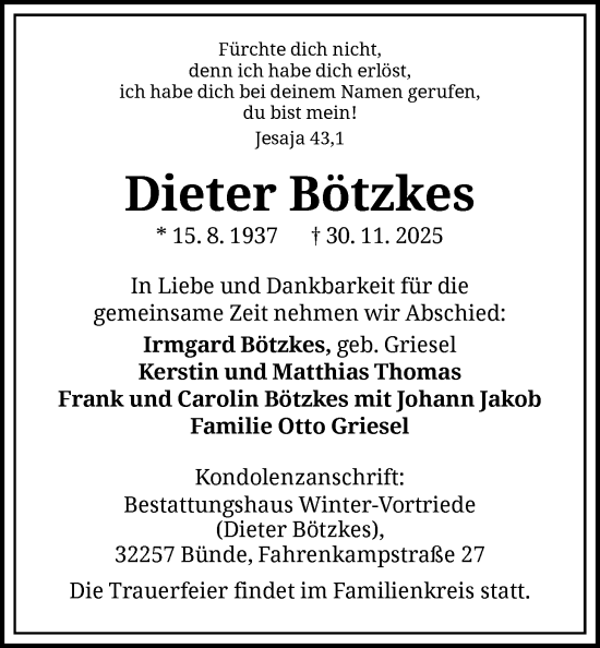 Traueranzeige von Dieter Bötzkes von WLZ