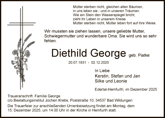 Traueranzeige von Diethild George von WLZ