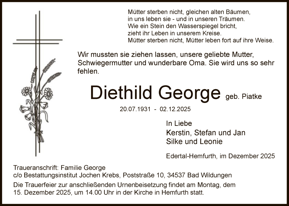  Traueranzeige für Diethild George vom 06.12.2025 aus WLZ
