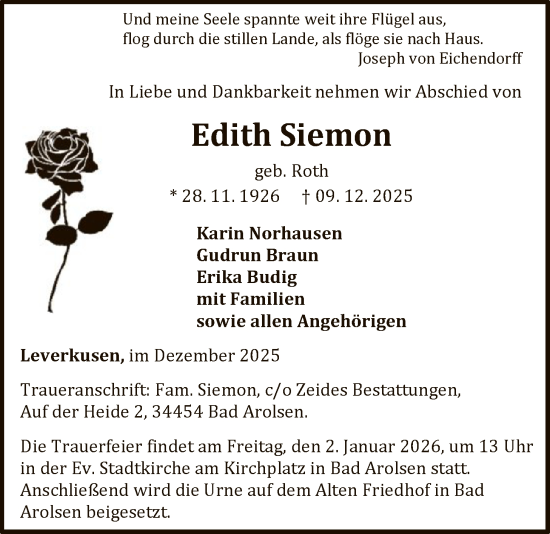 Traueranzeige von Edith Siemon von WLZ