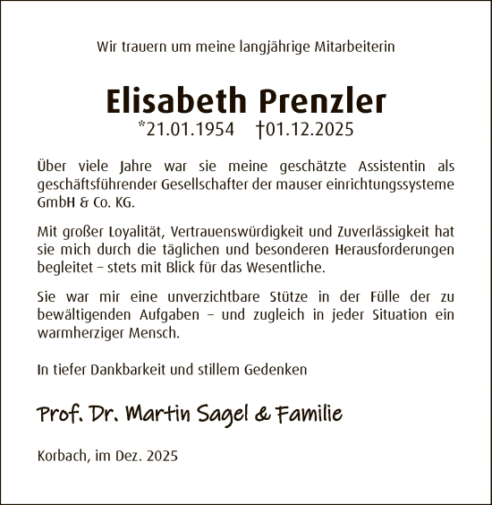 Traueranzeige von Elisabeth Prenzler von WLZ