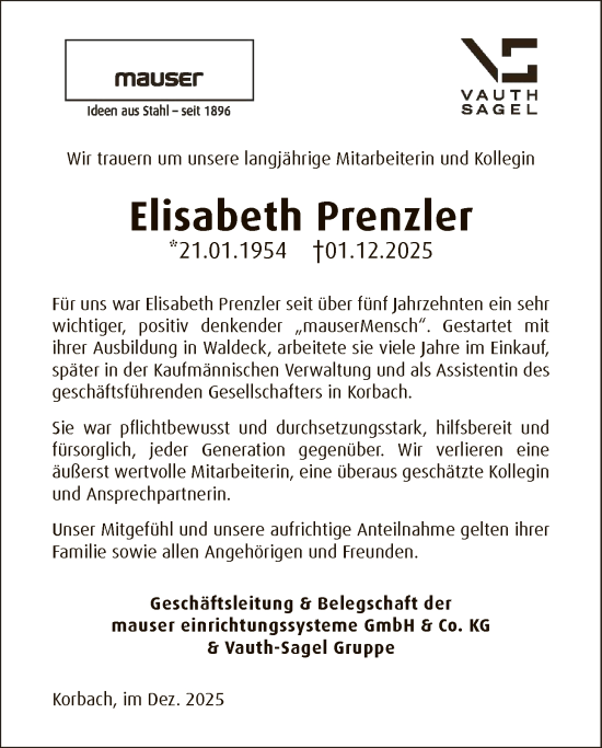 Traueranzeige von Elisabeth Prenzler von WLZ