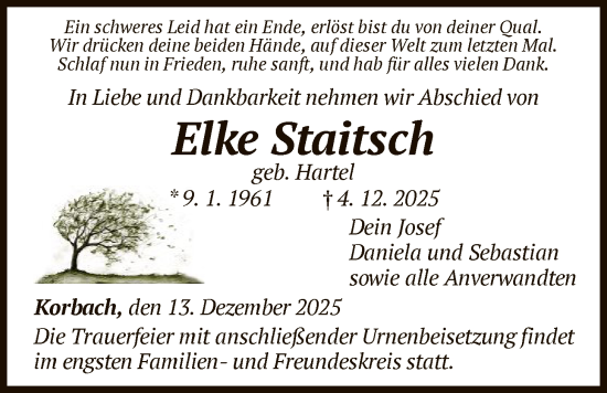 Traueranzeige von Elke Staitsch von WLZ