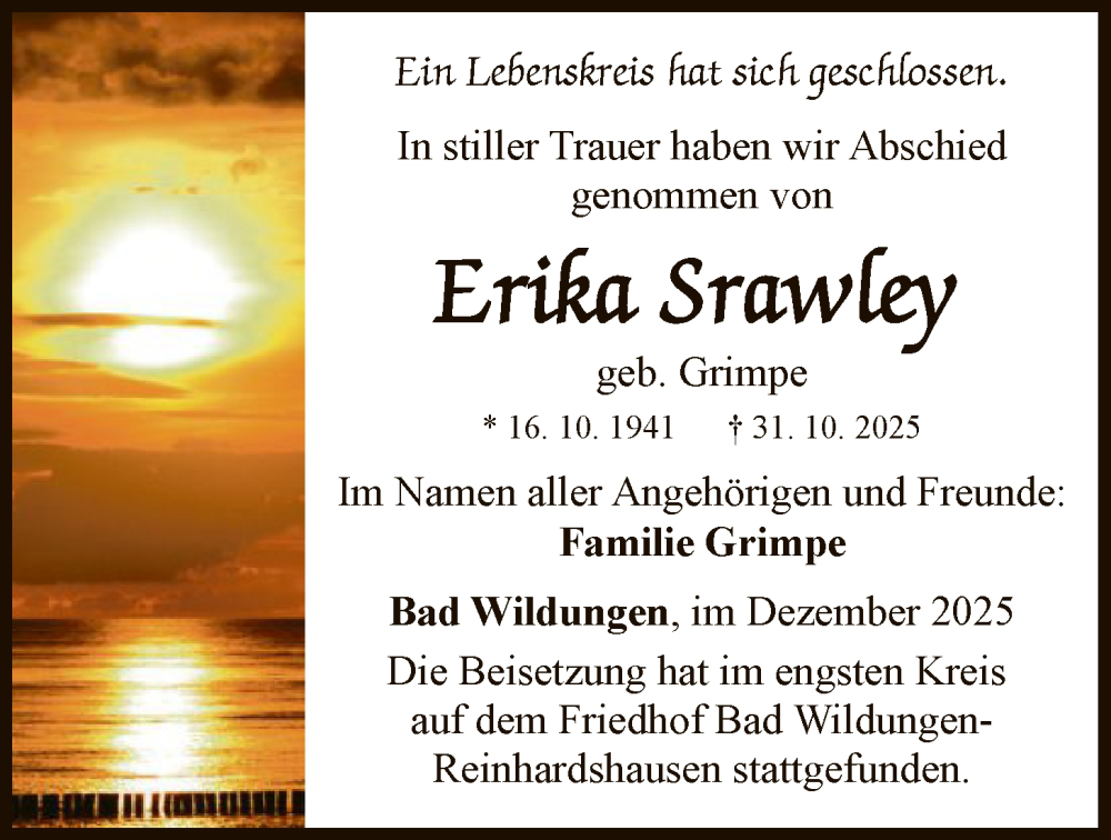  Traueranzeige für Erika Srawley vom 06.12.2025 aus WLZ