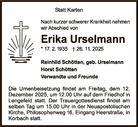 Traueranzeige von Erika Urselmann von WLZ