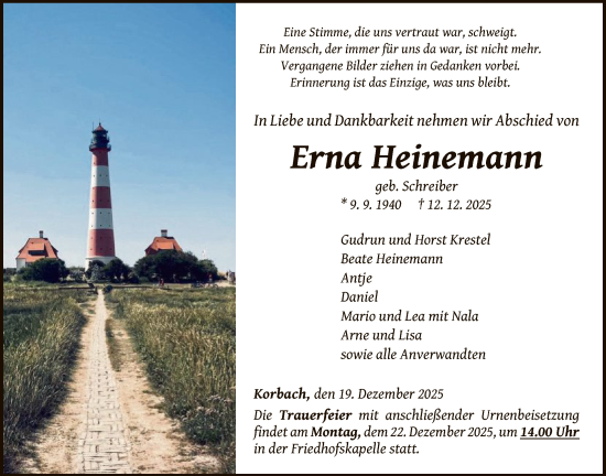 Traueranzeige von Erna Heinemann von WLZ