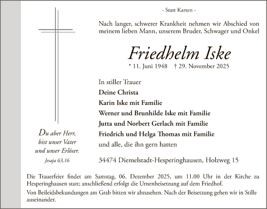 Traueranzeige von Friedhelm Iske von WLZ
