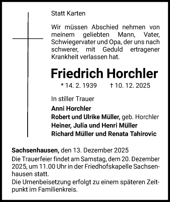 Traueranzeige von Friedrich Horchler von WLZ