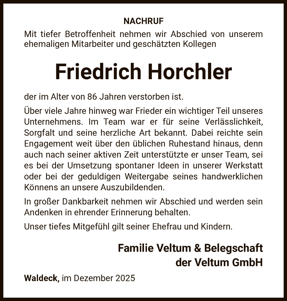  Traueranzeige für Friedrich Horchler vom 13.12.2025 aus WLZ