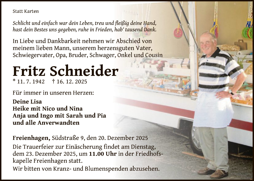  Traueranzeige für Fritz Schneider vom 20.12.2025 aus WLZ