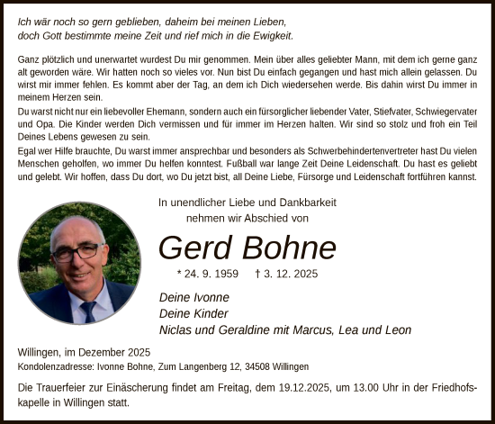 Traueranzeige von Gerd Bohne von WLZ