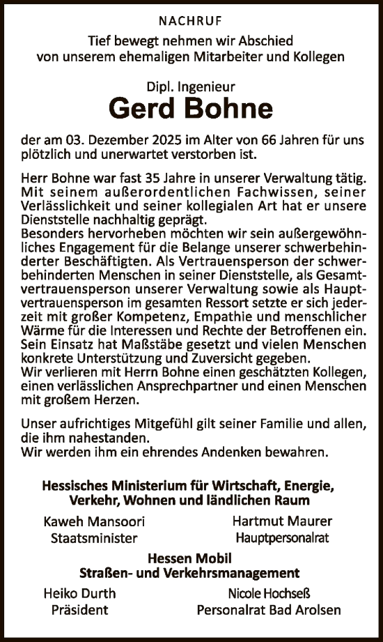 Traueranzeige von Gerd Bohne von WLZ