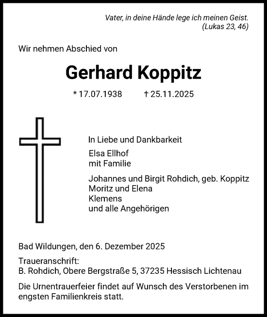 Traueranzeige von Gerhard Koppitz von WLZ