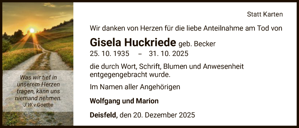  Traueranzeige für Gisela Huckriede vom 20.12.2025 aus WLZ