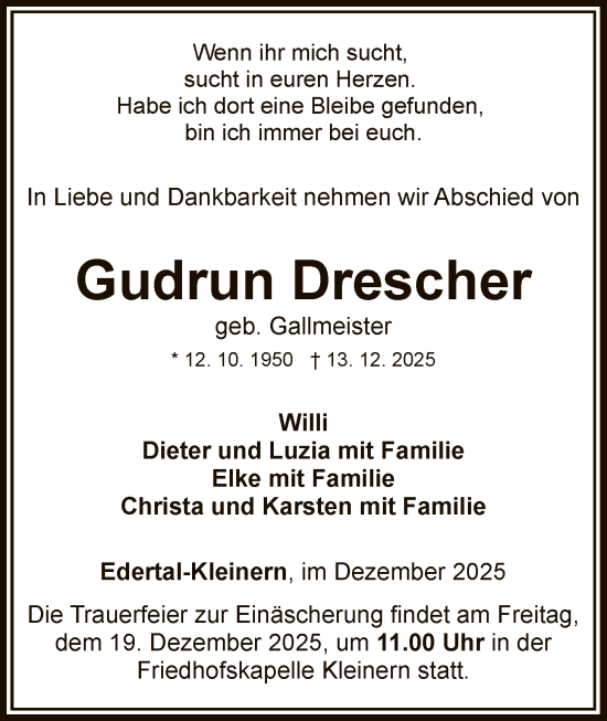 Traueranzeige von Gudrun Drescher von WLZ