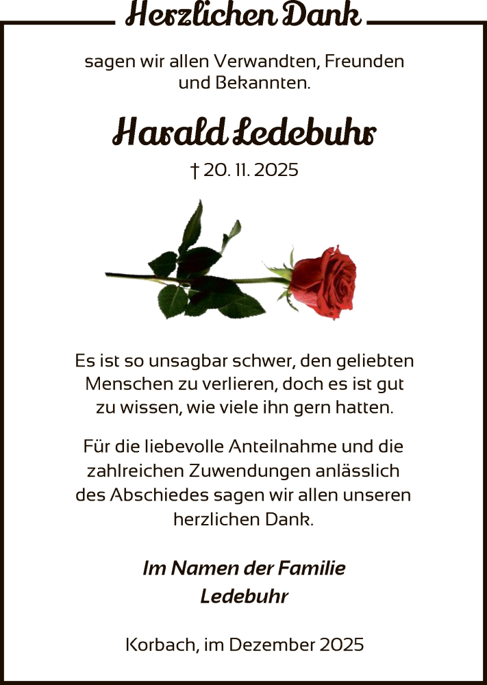 Traueranzeige für Harald Ledebuhr vom 20.12.2025 aus WLZ