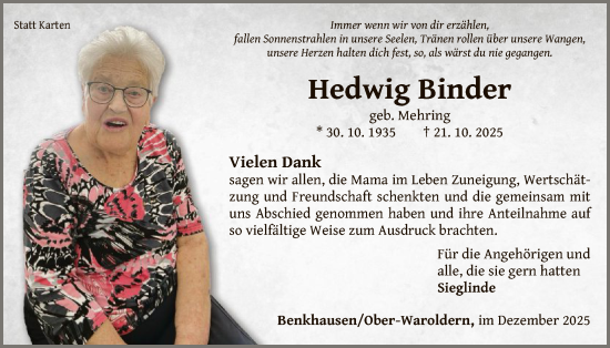 Traueranzeige von Hedwig Binder von WLZ